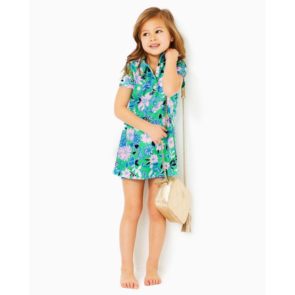 Like New Lilly Pulitzer Luxletic Green Pink Floral Polo Dress Shorts Set XS 2/3